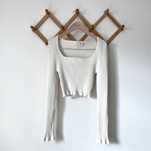 Altar'd State White Square Neck Ribbed Long Sleeve Cropped Top